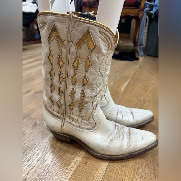 Vintage 70s Acme White & Gold Inlay Leather Cowboy Boots Women’s 6.5 B USA Rare